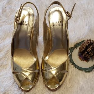Stuart Weitzman Gold SlingBack Sandals Cork Heels